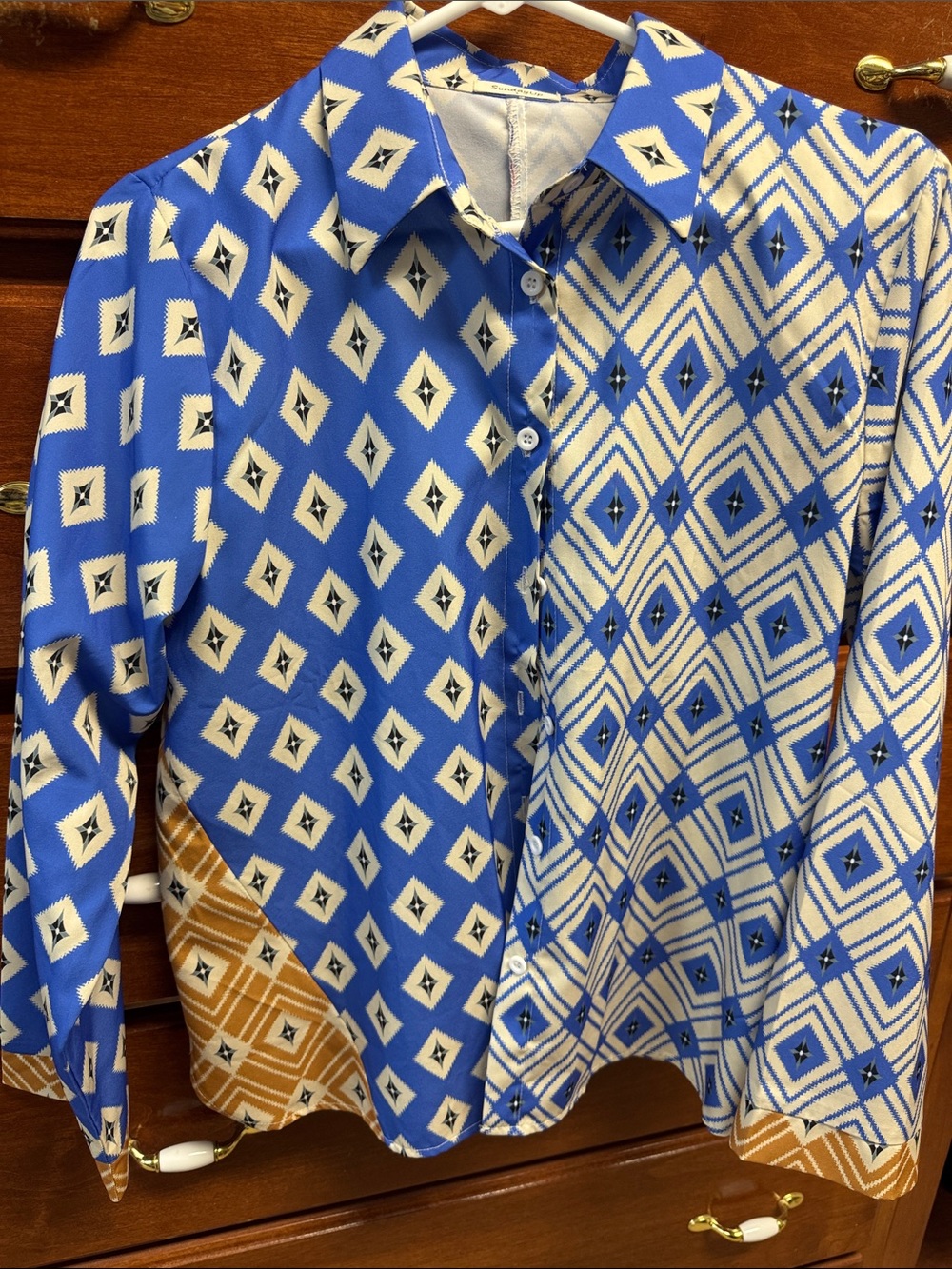 Sunday Blue and White Geometric Button-Down Shirt with Tan Accents